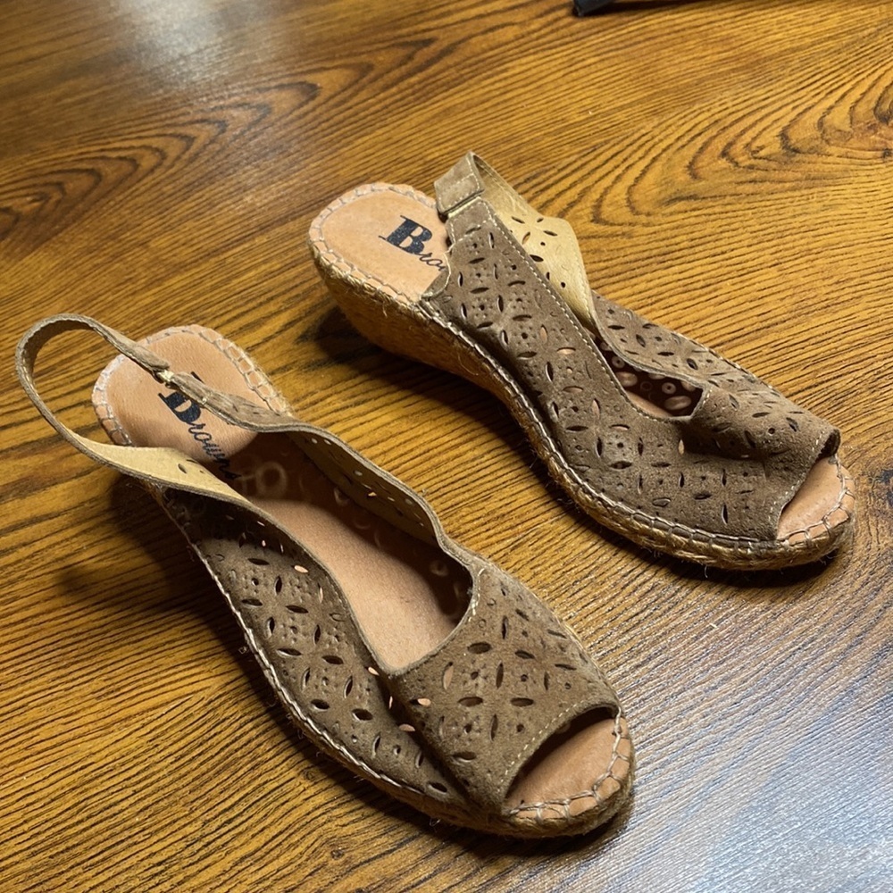 🌹 Browns 🌹 Soft Leather Wedge Espadrille Sandals - Picture 3 of 8